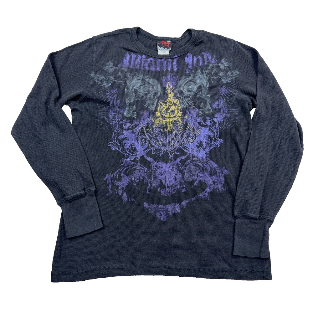 Vintage Y2K Miami Ink Shirt Men Large Black Thermal Waffle Knit Skull Tattoo